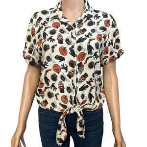 Spirit Halloween Creature Of The Night Button Down Shirt Large Tied Skull Cat